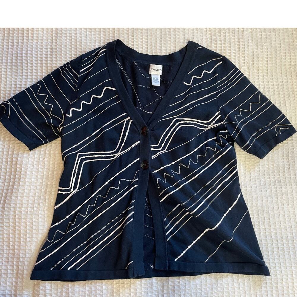 Chico’s Black Embroidered Short Sleeve Double Button Summer Cardigan 2 (Large)
